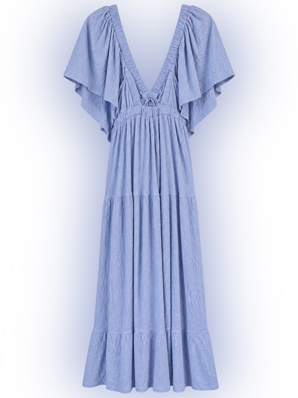 Free People Beach Blue Boho Deep V Flutter Sleeve Tiered Maxi Dress Size S